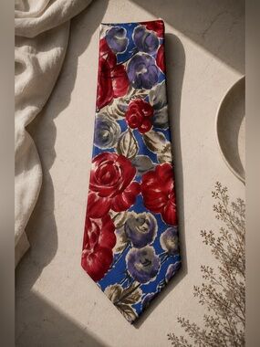 Vintage 417 Van Heusen 100% Silk Floral Tie Rose Print Statement Necktie